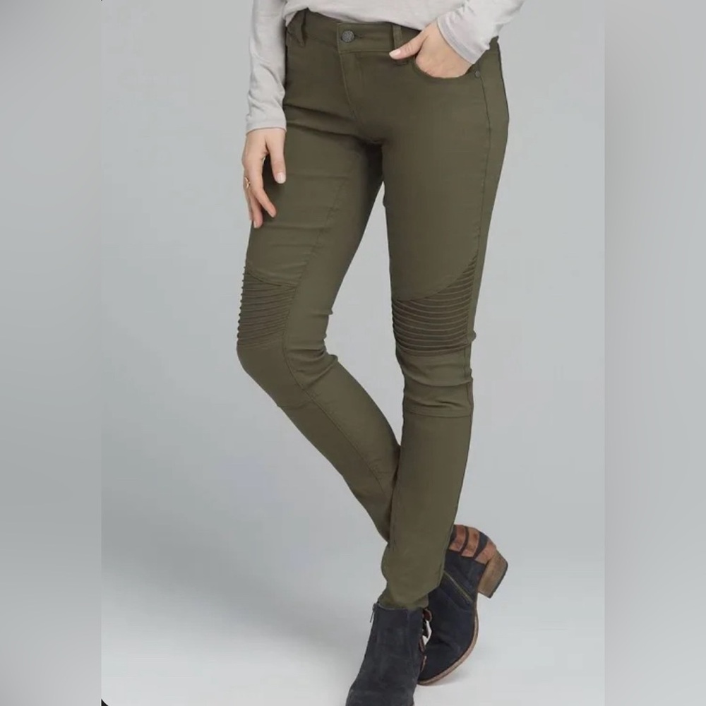 Prana Brenna‎ Zion Skinny Pant  - Olive Green Size 8 - Pleated Knee- Moto style